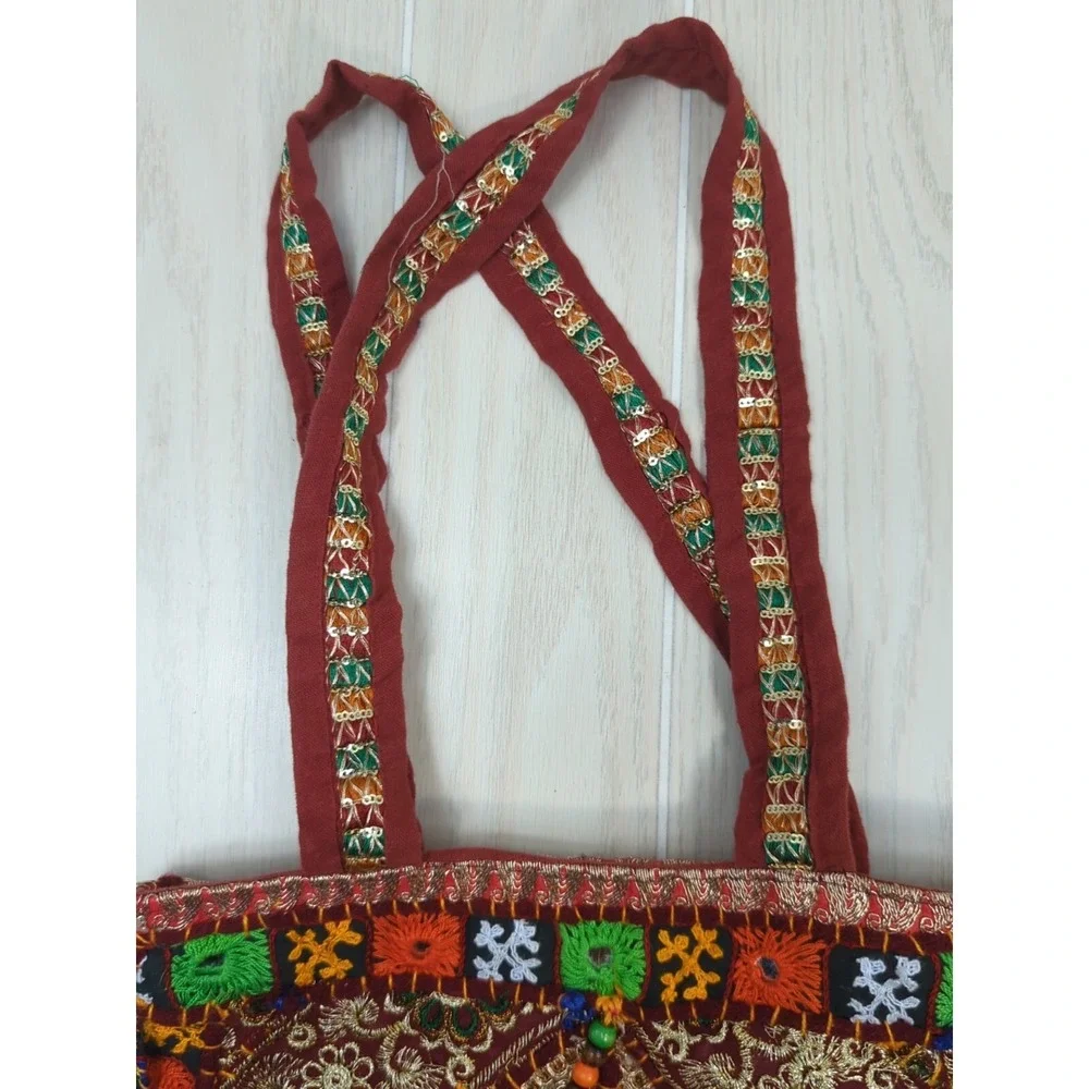 Handcrafted Made India fabric mirrored stitched hobo hippie bag purse pom poms